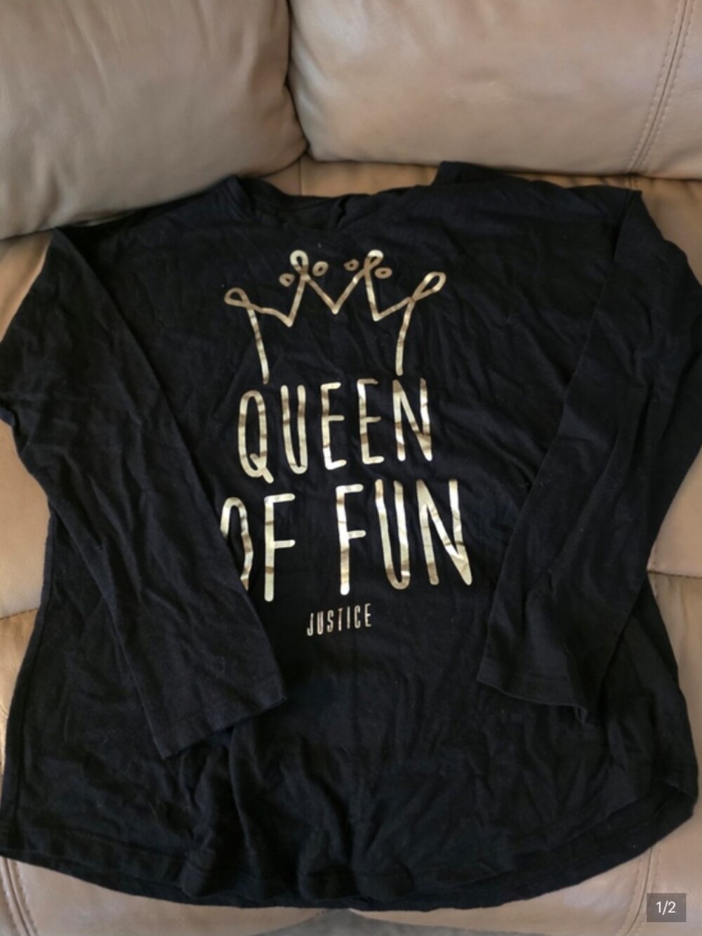 Justice Black Long-Sleeve Top with Gold "Queen of Fun" Graphic